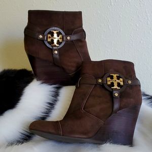 EUC Tory Burch Brown Wedge Booties